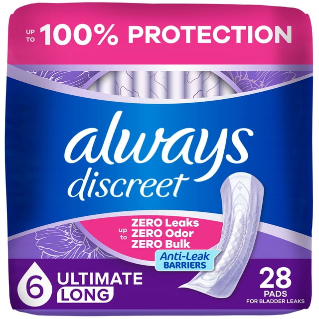 Always Discreet Adult Incontinence Pads for Women, Ultimate Absorbency, Long Length, Postpartum Pads, 28 Count
