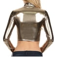 thumbnail image 2 of Sakkas Metallic Liquid Mock Neck Turtleneck Long Sleeve Crop Top - Made in USA - Pewter - Medium, 2 of 6