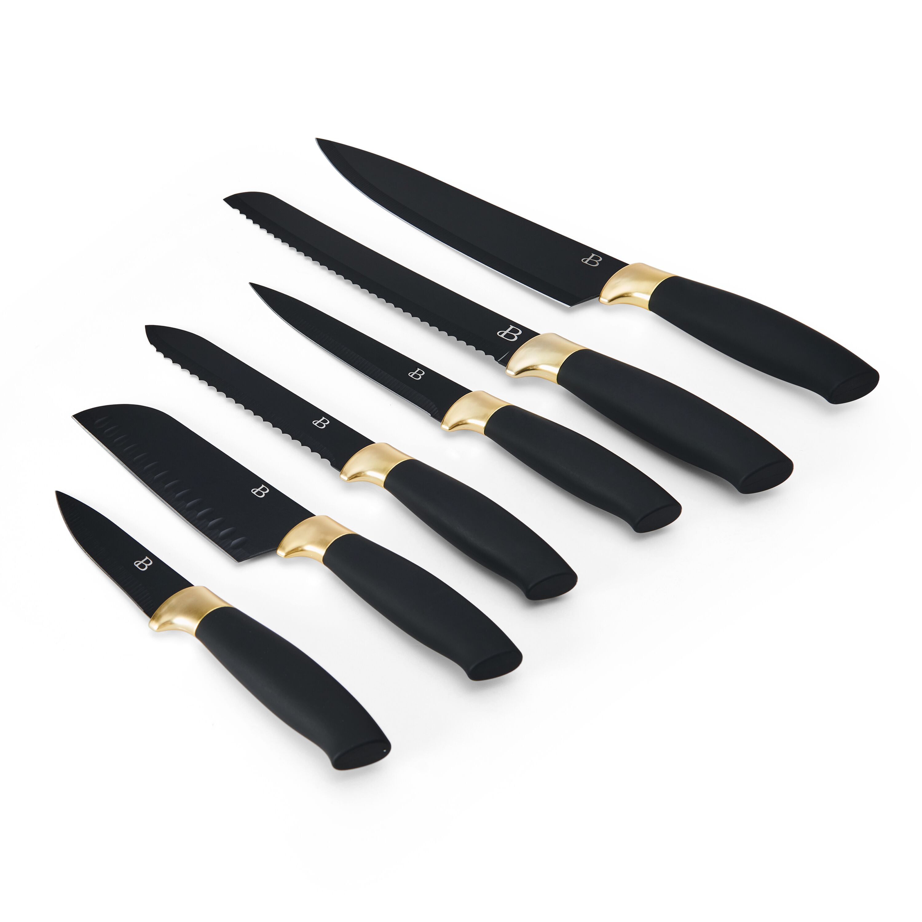 Beautiful 6 Piece Stainless Steel Knife Set Black Sesame with Gold Accent By Drew Barrymore