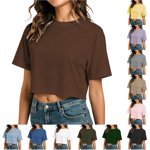 RMGVDSD Women's Cropped T Shirts Summer Short Sleeve Round Neck Crop Tops Casual Solid Color Basic Tees Streetwear Tshirts