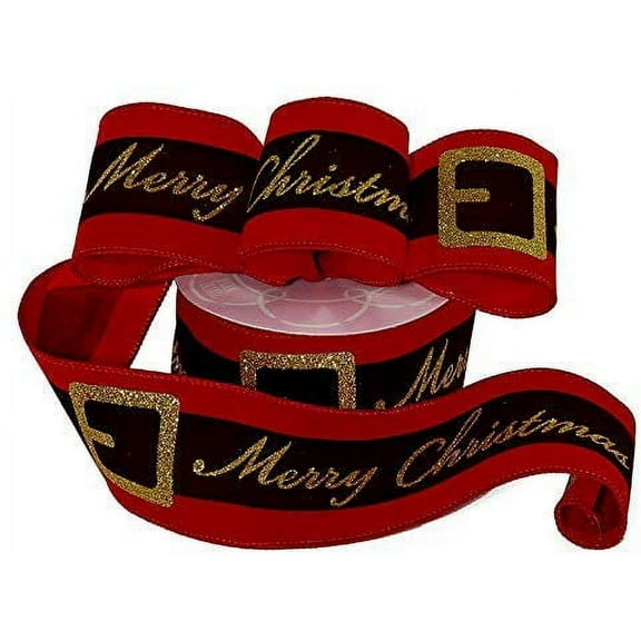 Santa's Belt Merry Christmas Ribbon - 2 1/2" x 10 Yards, Vibrant Red, Gold Glitter, Wreath