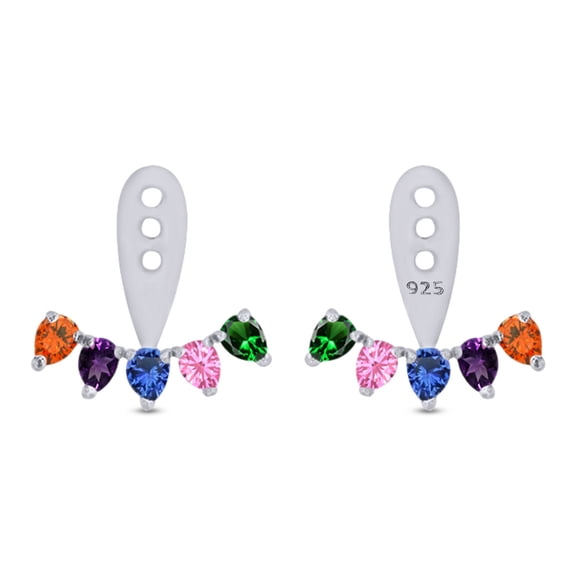 Pear Cut Simulated Five Sapphire Rainbow Jacket Stud Earring In 14K White Gold Over Sterling Silver For Womens