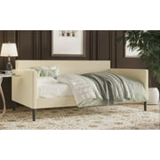 Home Design Sutton Twin Daybed with Upholstered Frame, Square Arms, Nailhead Trim, Comfortable Polyester Fabric, Stylish Seating and Sleeping Solution, Beige
