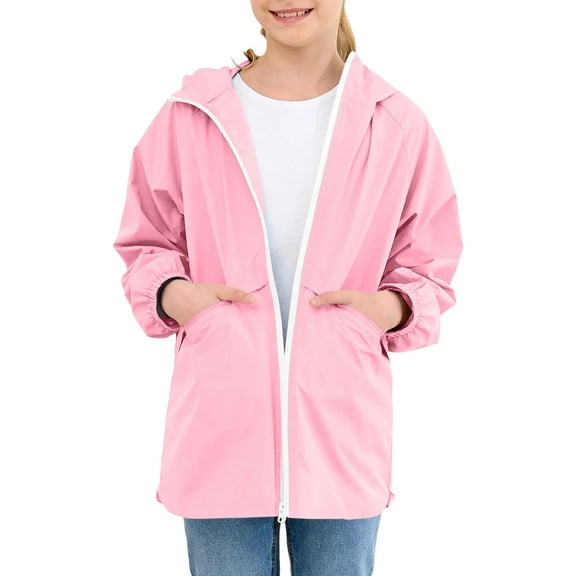 nerohusy Girls Rain Jacket Lightweight Waterproof Teen Girl Full Zip Up Hooded Wind&Water Resistant Raincoat with Zipper Pockets 2025 Pink,9-10 Y