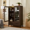thumbnail image 2 of Miekor Furniture 60" Tall Display Cabinet with Tempered Glass Door, LED Lighting, Two Drawers, Modern Style Storage Cabinet for Living Room, Office & Study, Walnut 40768, 2 of 14