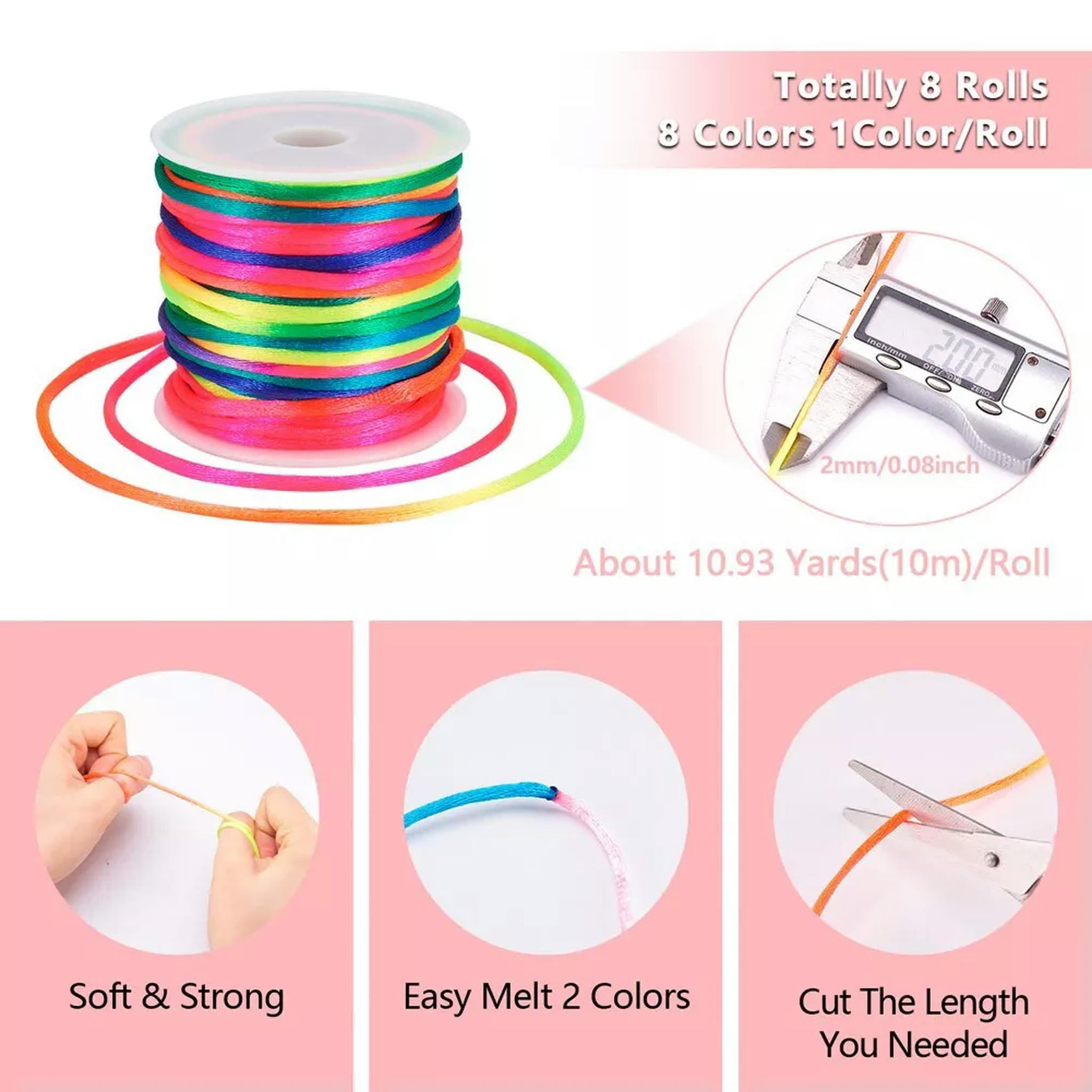 U8MO 8Roll Macrame Rattail Chinese Knot Making Cords Nylon Braided String Threads 2mm