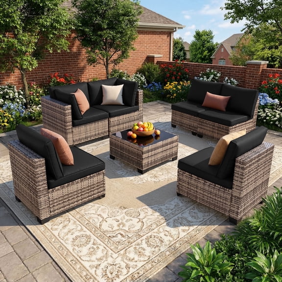 7-Piece Rattan Wicker Outdoor Patio Modular Sectional Sofa Set with Cushions & Coffee Table, Yellow/Black for Garden Balcony Porch