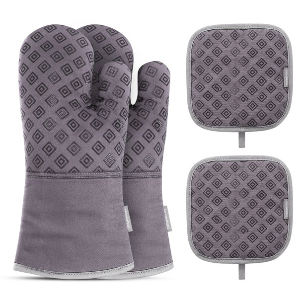 OUNONA 2PCS Oven Mitts with 2PCS Heat Resistant Pot Holder Pad