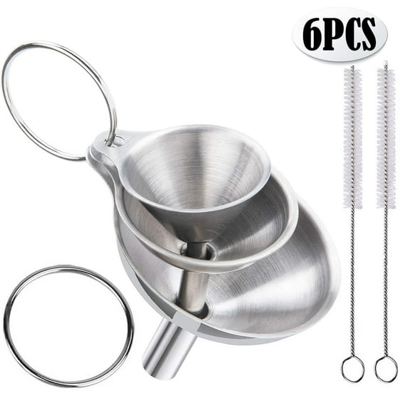 Funnel,6Pcs Metal Stainless Steel Funnel, Large Small Funnel Set of 3, Food Grade Mini Funnels for Kitchen Use Filling Bottles Flask Cooking, 2 Brushes
