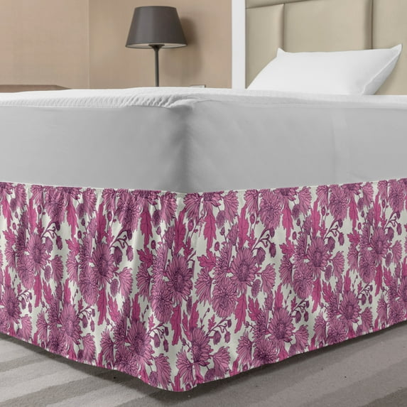 Floral Bed Skirt, Romantic Composition of Chrysanthemums Illustration Drawn by Hand, Elastic Bedskirt Dust Ruffle Wrap Around for Bedding Decor, 4 Sizes, Pink Pale Fuchsia and White, by Ambesonne
