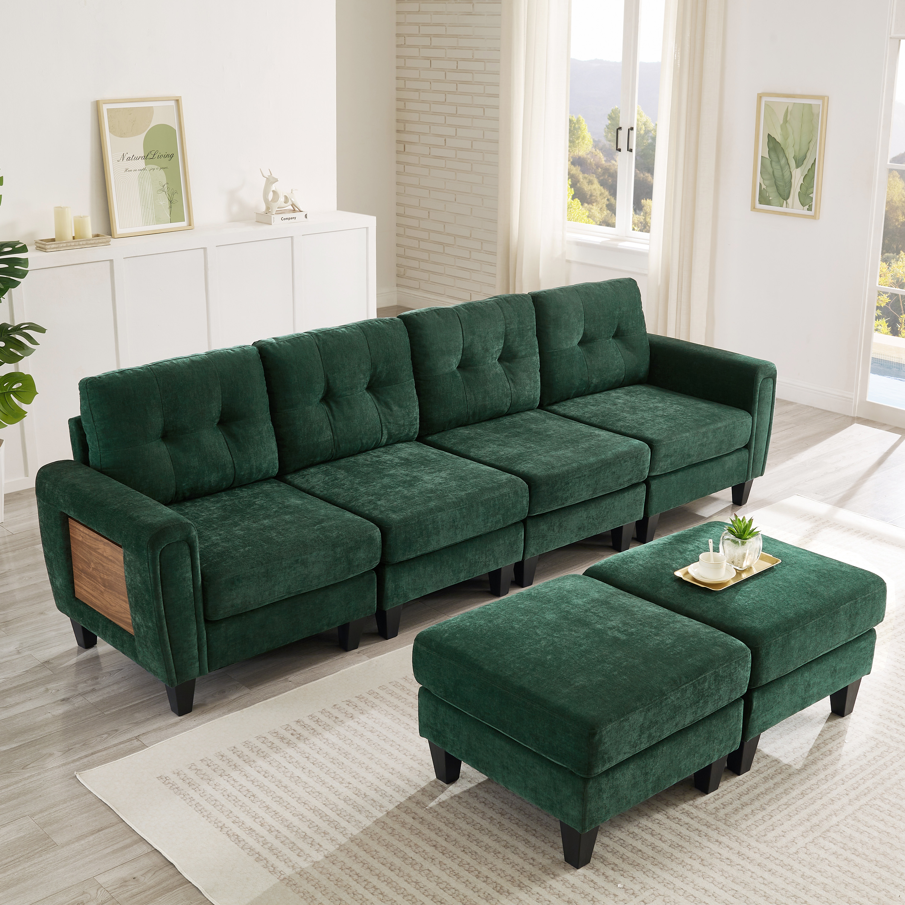 Euroco Modern Sectional Sofa 115" U-shaped Sofa Upholstered Sofa Couch with Two Movable Ottomans, USB Ports and Side Tables for Living Room, Green
