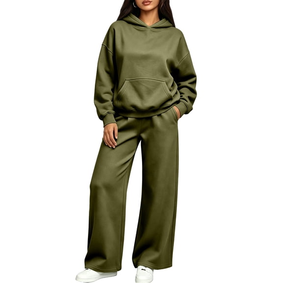 Womens Sweatsuits 2 Piece Set 2026 Casual Fall Long Sleeve Hoodie Loose Wide Leg Sweatpants Winter Tracksuit Army Green XXL