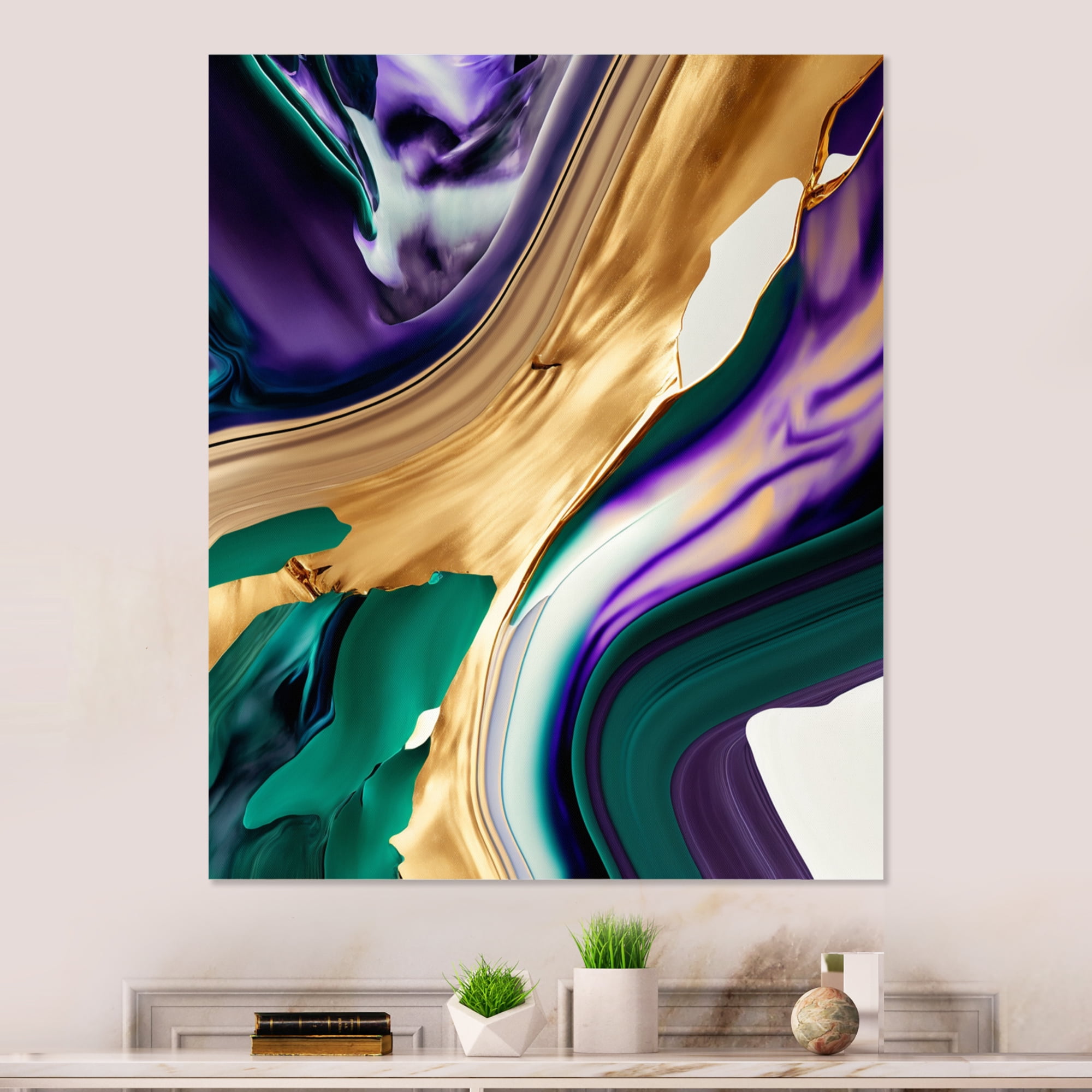 Designart Purple, Green And Gold Bold Strokes I Canvas Wall Art