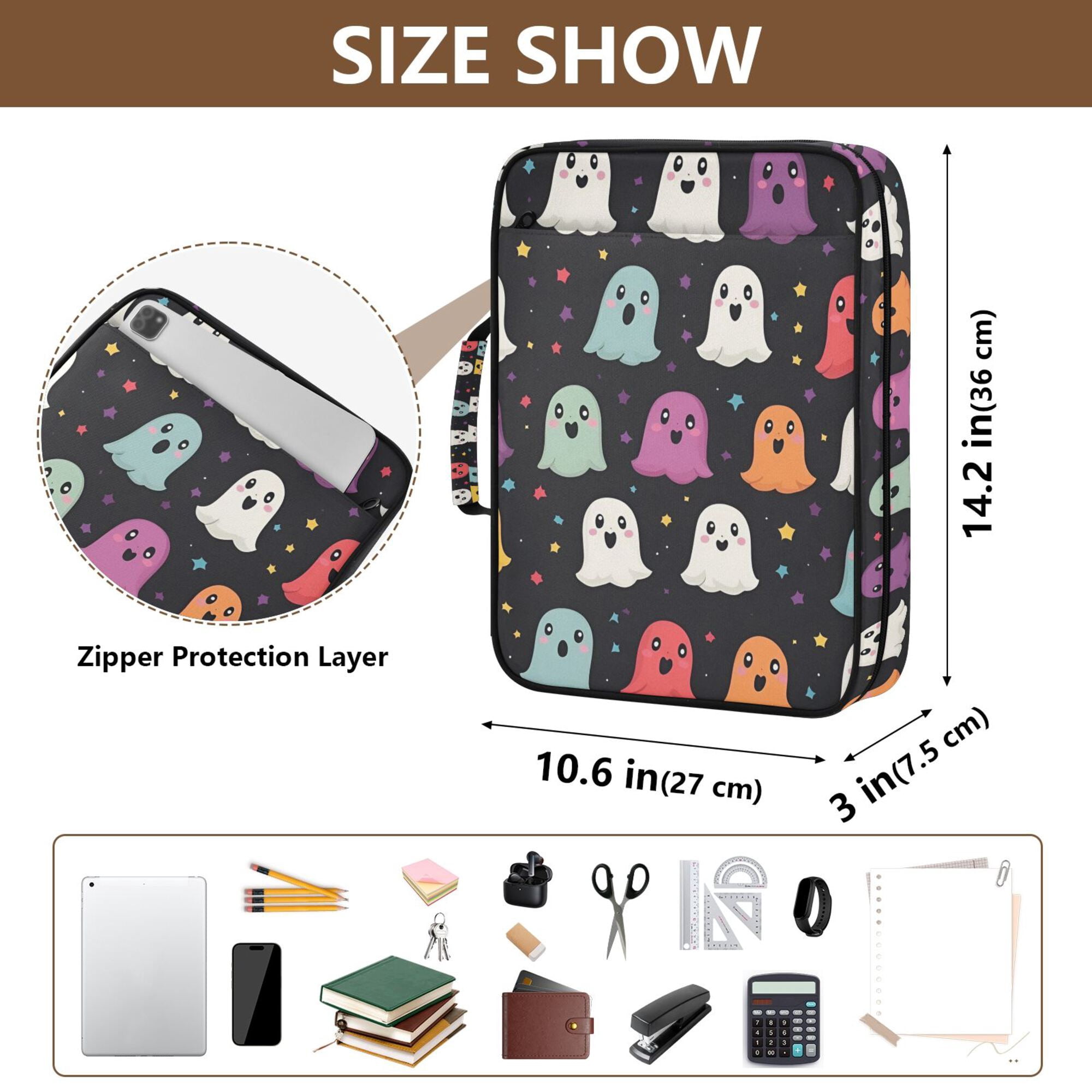 FORMRS Accordion File Folder A4 Size 7-Pocket Expanding Document Organizer Bag with 3 Ring Binder, Colorful Halloween Ghost