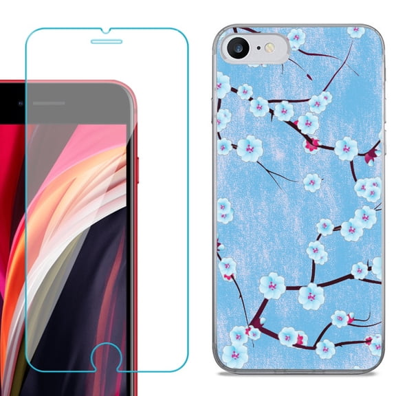 Slim-Fit Fashion Gel Phone Case for iPhone SE 2022, with Tempered Glass Screen Protector, by OneToughShield ® - Blossom Sky