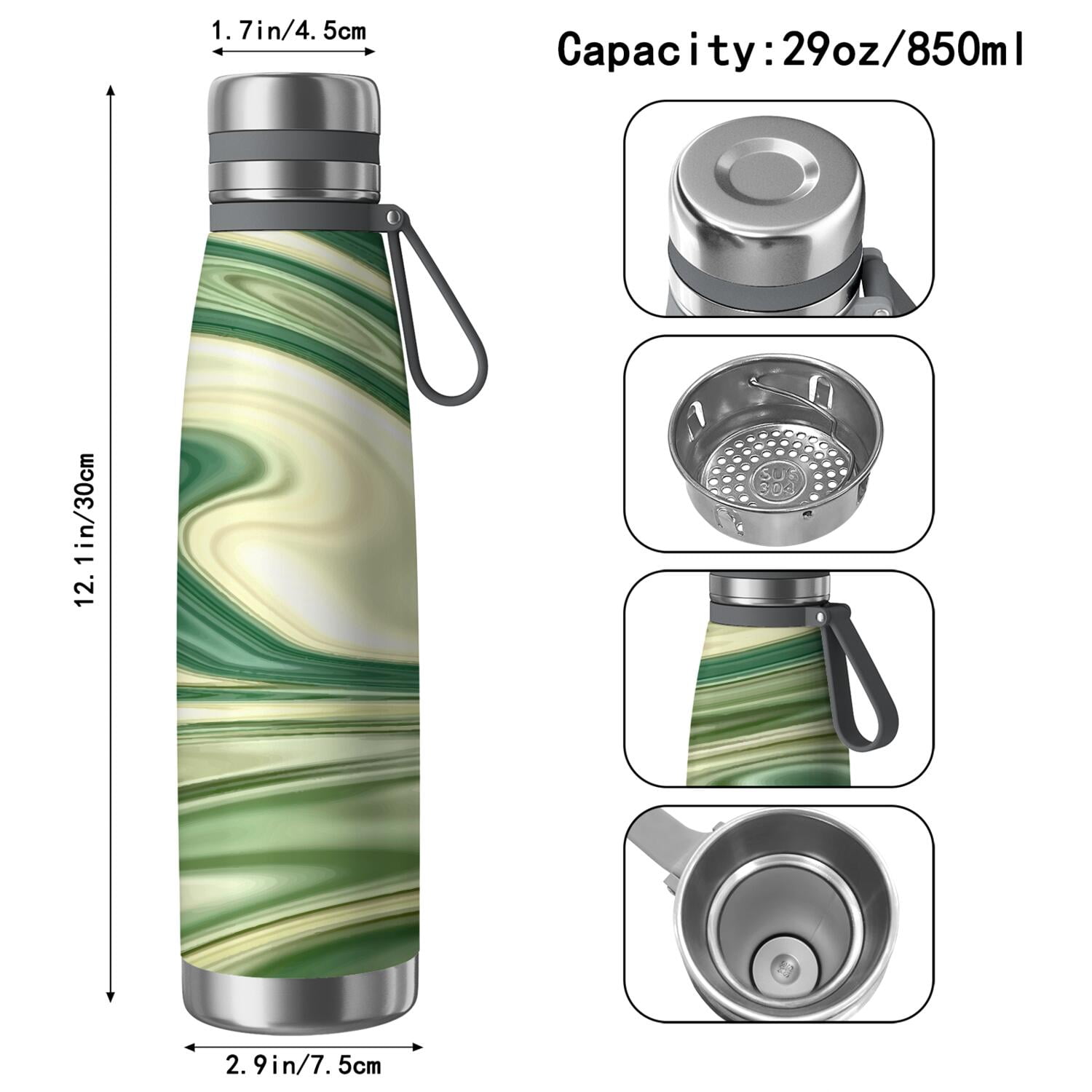 29oz Insulated Water Bottle with Tea Infuser, Stainless Steel Travel Mug, Liquid & Marble Print