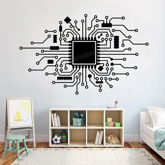 Cpu IT Digital Music Producer Hacker Gamer Wall Decal Computer Technology Circuit Board Wall Sticker Vinyl Art Room Decor 56x35cm