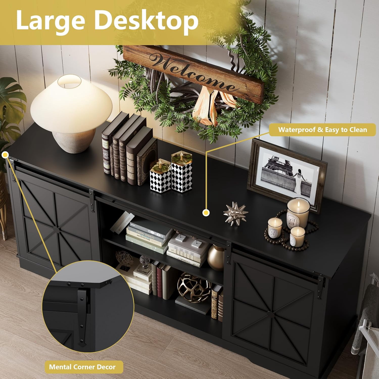 FANRAL Farmhouse TV Stand with Sliding Barn Doors,Rustic Entertainment Center for 65 Inch TV,Media Console with Storage Cabinets & Cable Holes for Living Room,Black TV Stand