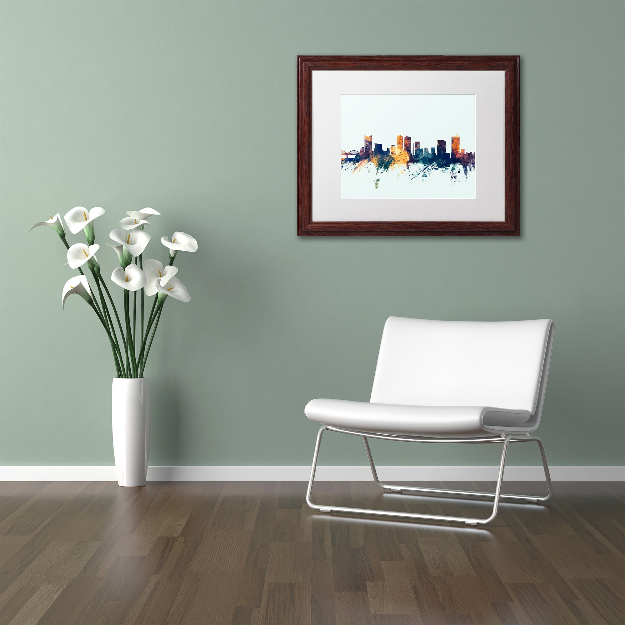 "Fort Worth Texas Skyline Blue" Canvas Art by Michael Tompsett, White Matte, Wood Frame