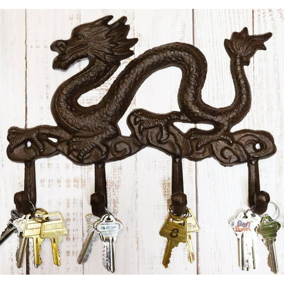 Cast Iron Rustic Chinese Dragon King 4-Pegs Wall Keys Leash Coat Hook Decor