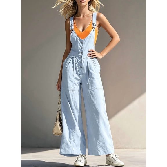Women'S Adjustable Strap Overalls Button Front V Neck Wide Leg Jumpsuit with Pockets Light Blue XL