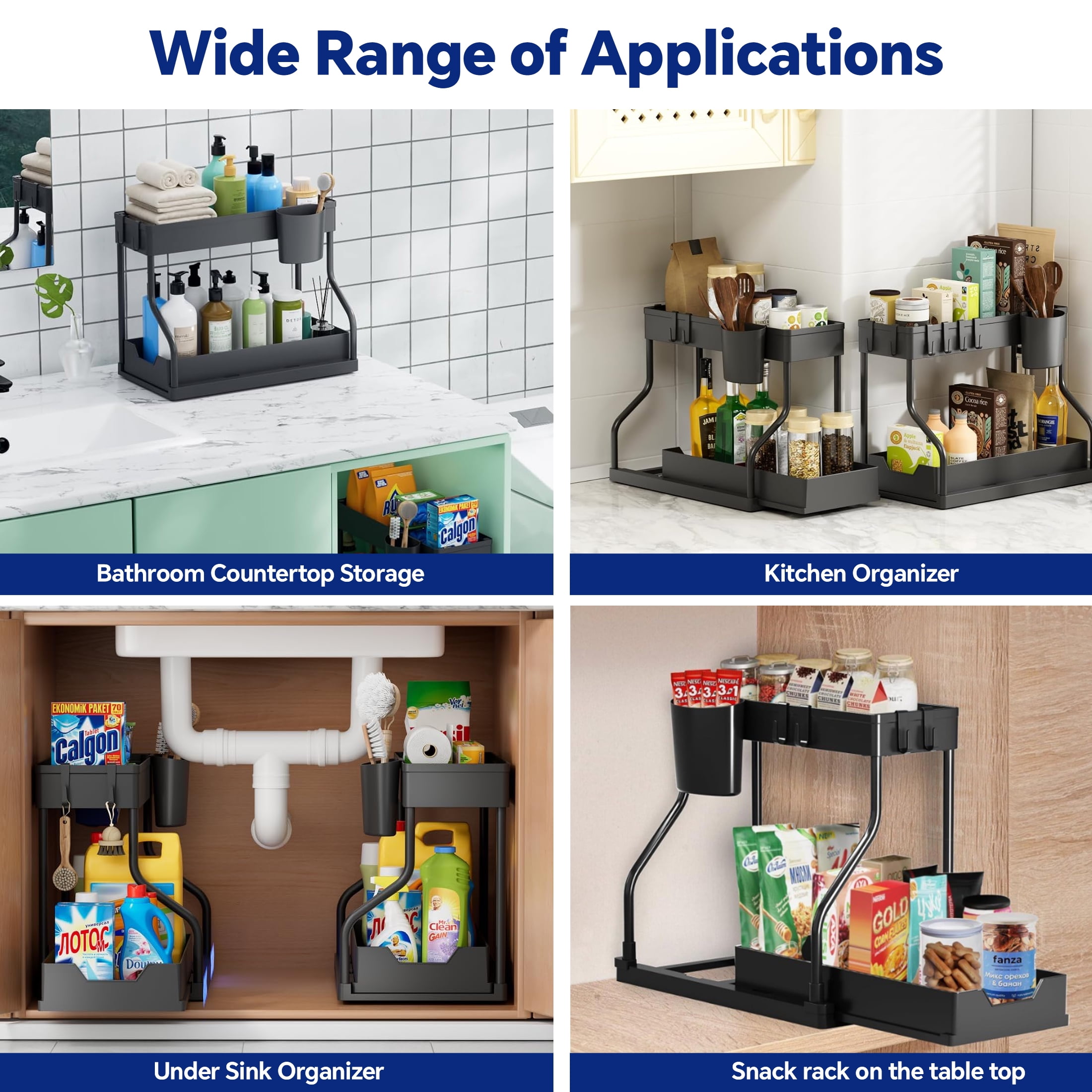 HIOHA 2-Pack 2-Tier Under Sink Pull-Out Cabinet Organizer for Kitchen and Bathroom, L-Shaped Narrow Space Shelves