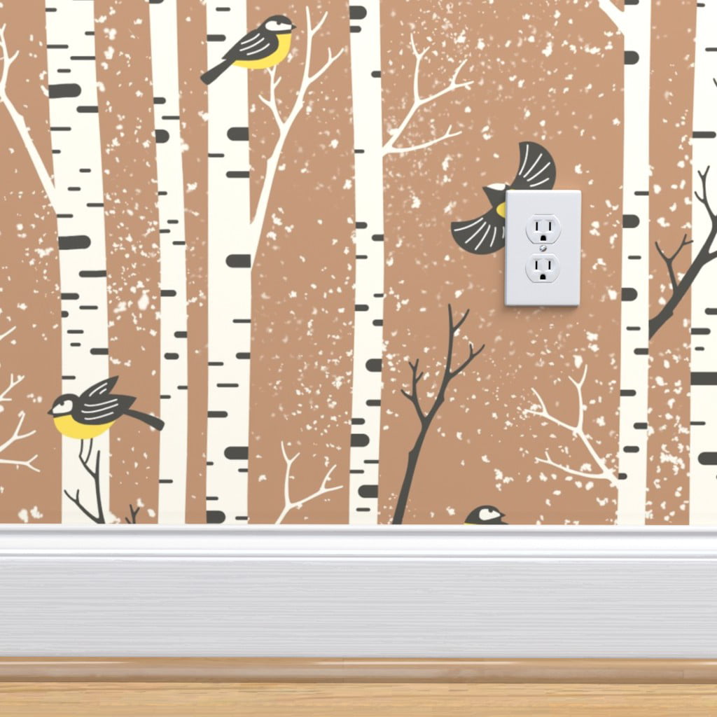 Peel-and-Stick Removable Wallpaper Snow Forest Woodland Birch Trees Birds Bird 