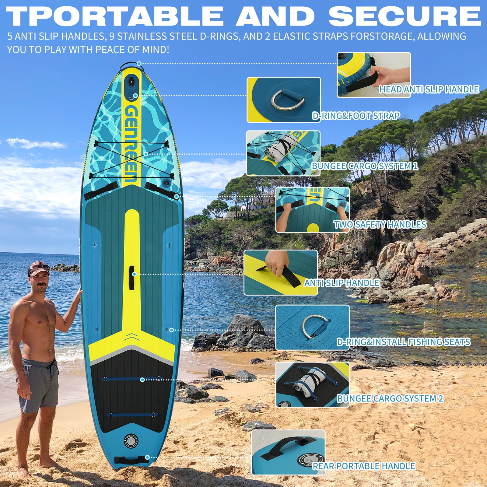 Genreen Inflatable Fishing Paddle Board 11ft Stand up Paddle Board with Full SUP Premium Accessories