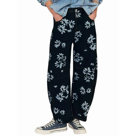Women'S Casual Loose Wide Leg Mid-Rise Straight Jeans Y2k Boyfriend Style Jeans Denim Cropped Pants Black Flowers M