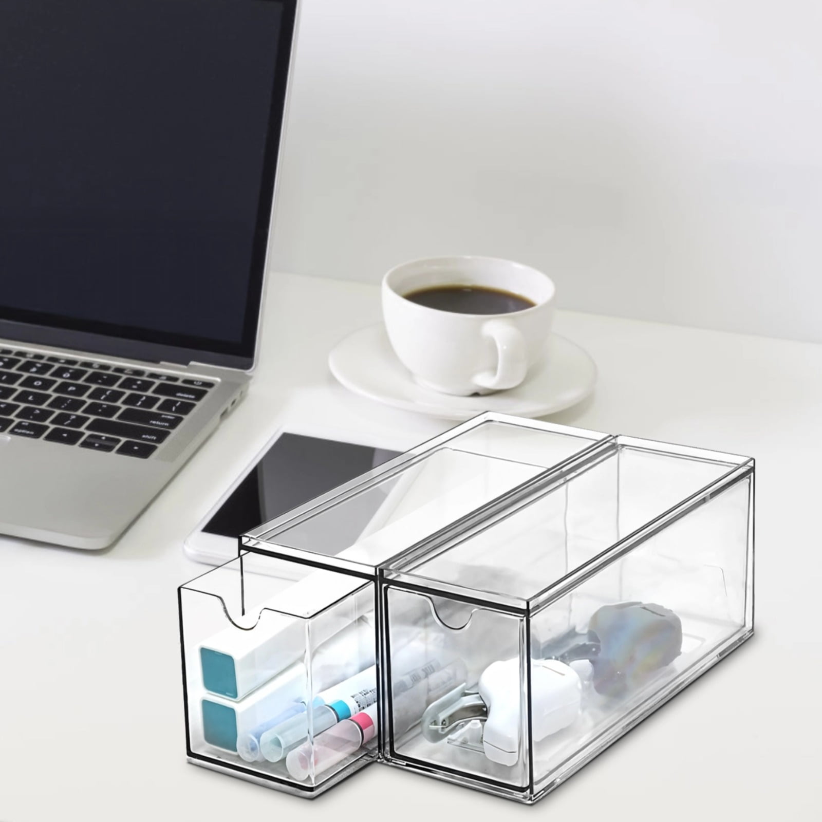 4 Pcs Transparent Drawer Organizers, Plastic Storage Boxes, Stackable Tea Organizers for Drawers, Ideal for Kitchen, Office and Household Items