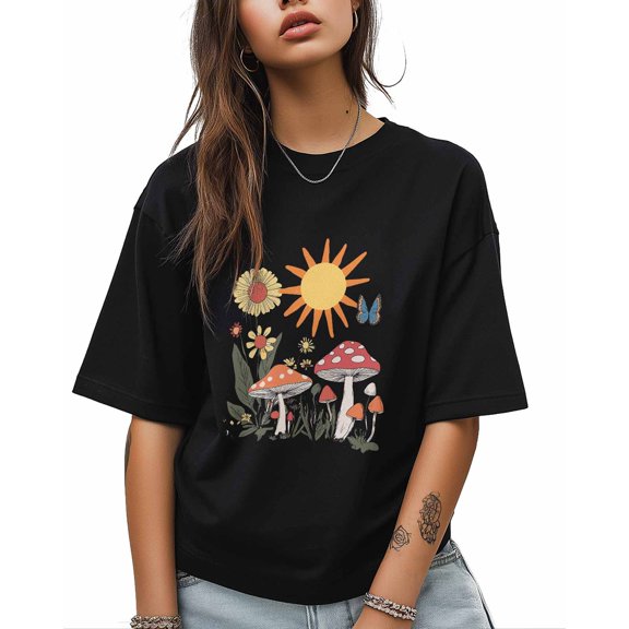 Cartoon Mushroom T Shirts for Women Short Sleeve Cotton Crewneck T-Shirt Flowers Sun Tee Tops Casual Basic T-Shirts, XS-5XL Black 4XL