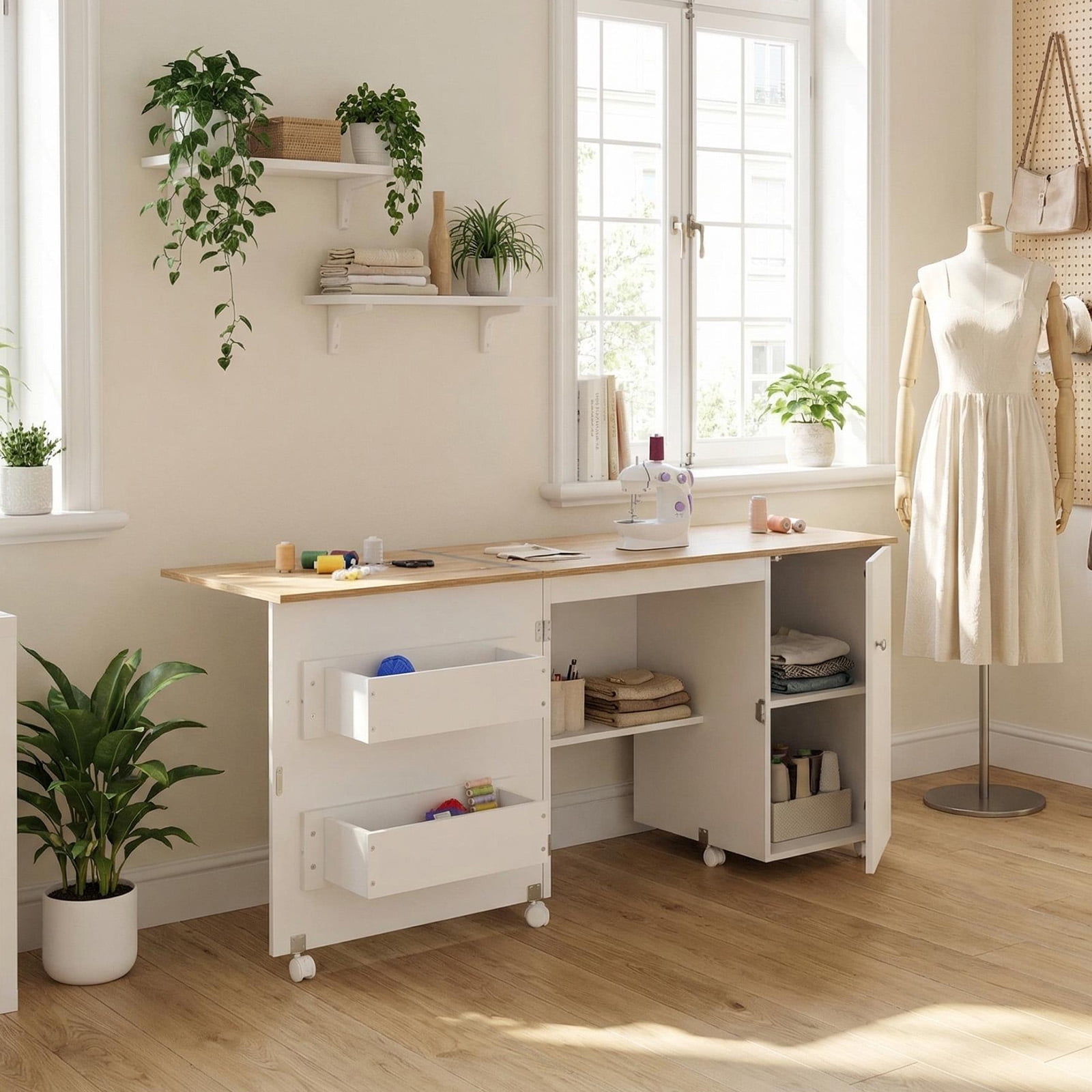 Folding Sewing Table with Lockable Wheels, Storage Shelves, Storage Trays & Magnetic Locks, Multi-function Craft Station & Side Desk for Home, White & Natural