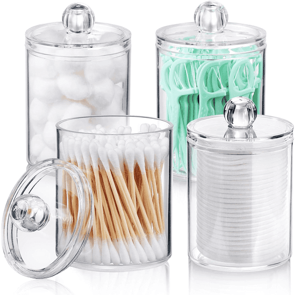 PINYU 4-Piece Clear Plastic with Bamboo Lids Q-Tip Holder Dispenser Apothecary Jars
