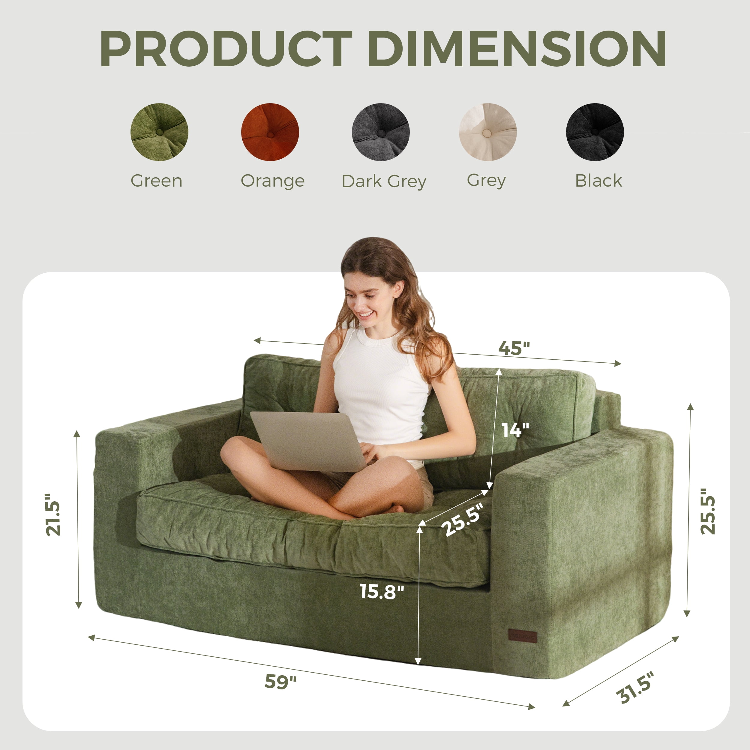 BYBYME 2 Seater Boneless Couch,Chenille Comfy Sofa with Extra Deep Seats for Living Room,Loveseat Bean Bag Chair,Green