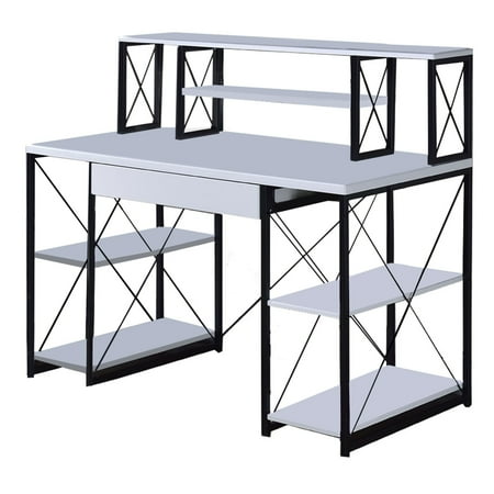 UPC: 0192551397743 | Industrial Style Desk with 4 Open Selves and Bookcase Hutch  White- Saltoro Sherpi