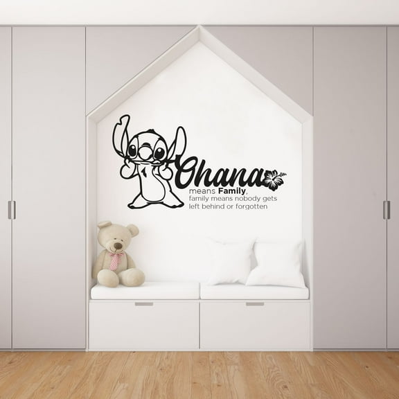 Ohana Means Family, Family Means Nobody Gets Left Behind Or Forgotten Cute Stitch Silhouette Drawing Vinyl Wall Art Wall Sticker Wall Decal For Home Wall Decoration Décor Design (10x10 inch)