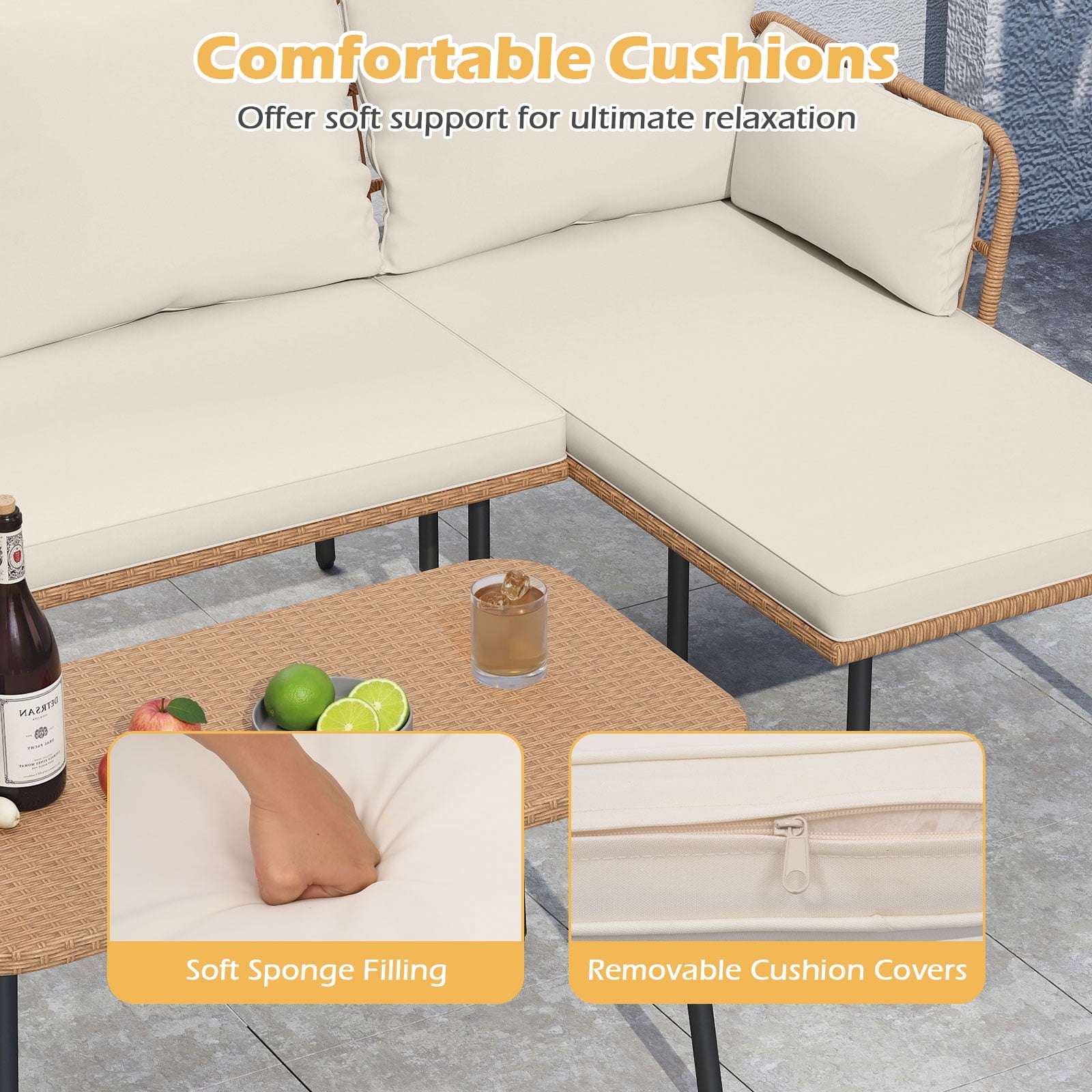 Costway 3 Pieces L-Shaped Patio Furniture Set with Coffee Table, Removable Cushions Mix Yellow + Off White/ Light Brown + Beige