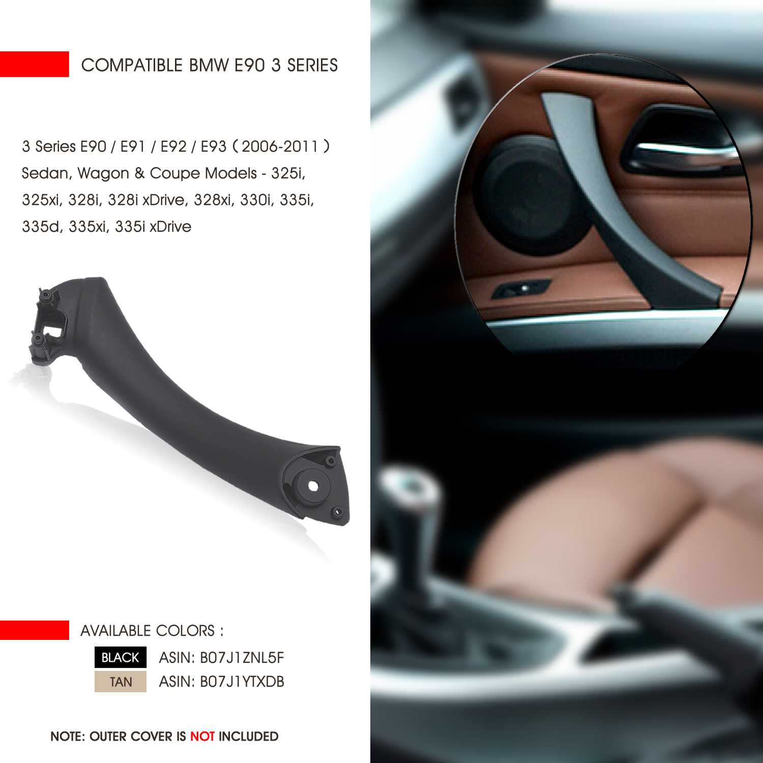 InSassy Door Pull Handle for BMW E90 E91 E92 E93 RIGHT Front / Rear 51417230850 (Black