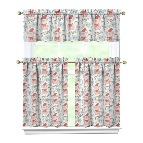 3 PCS Cute Pig Print Kitchen Curtains Set - Farm Animal Cartoon Watercolor Design with Valance & Tier Panels for Small Windows
