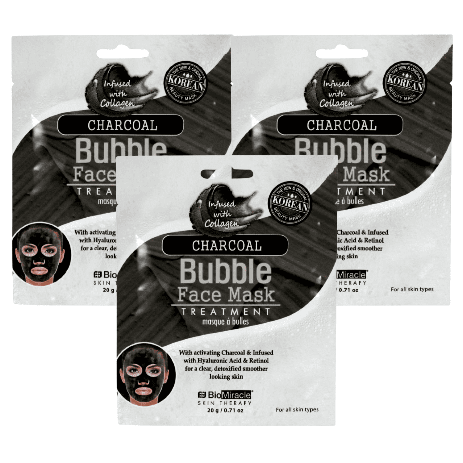 BioMiracle Charcoal Bubble Face Mask Treatment Theraphy with Hyaluronic Acid and Retinol for All