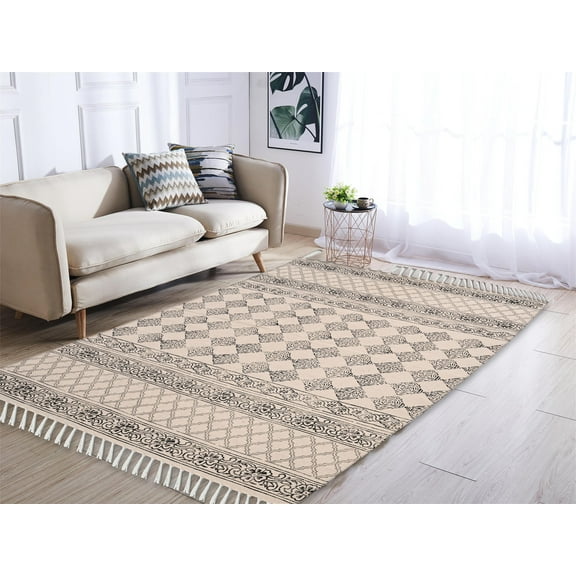 Indian Handmade Cotton Hand Blocked Printed Area Tassels Throw Rug for Living Room Home Decor Rugs Size 4 x 6