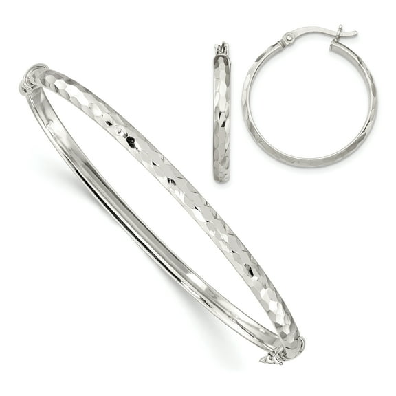 Sterling Silver Diamond Cut Bangle Bracelet 4mm and Hoop 3mm Earring Set