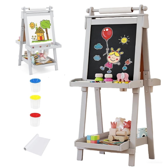 OLAKIDS Easel for Kids, 3 in 1 Adjustable Painting Art Board, Foldable Double-Sided Wooden Drawing Chalkboard Magnetic Whiteboard with Paper Roll, Storage Rack, Cups for Boy Girls