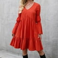 thumbnail image 5 of gakvbuo Fall Dresses for Women Mini Dress for Women Plus Size Dress V-Neck Long Sleeve Fall Dresses Knee Length Cute Tunic Dress Pleated Ruffle Swing Babydoll Dress, 5 of 5
