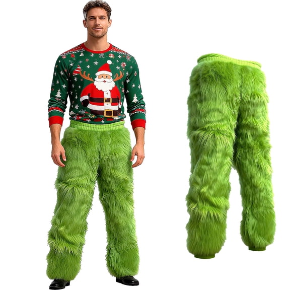 Christmas Green Furry Pants Adult Funny Outfits Props Santa Green Pants for Unisex