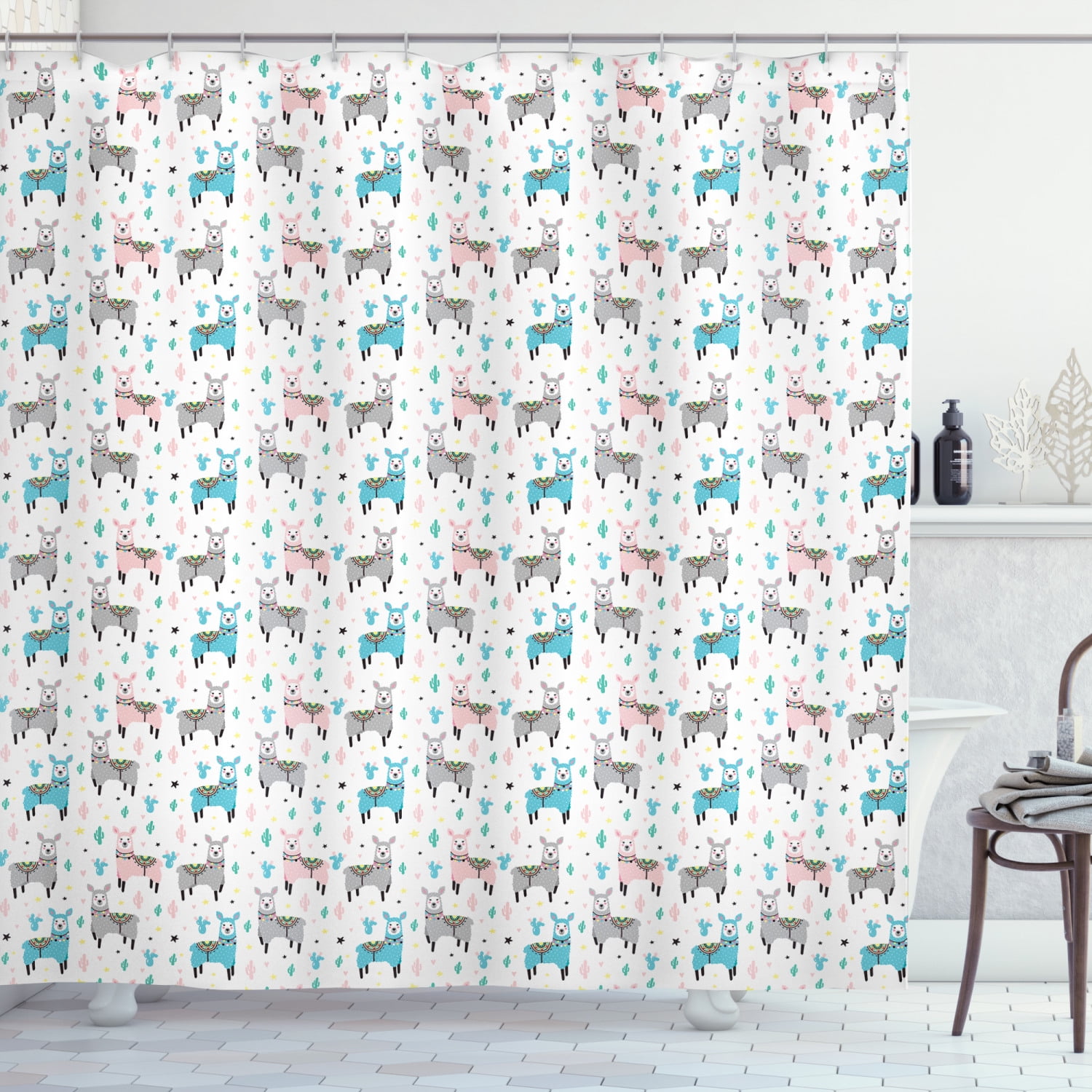 72X72" Watercolor Alpaca Cactus Fabric Shower Curtain Liner Bathroom Mat 12Hooks 