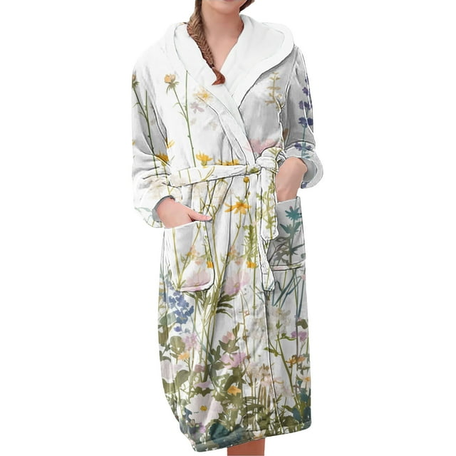 Women Robes Women's Fleece Plush Robe Long Warm Plush Bathrobe Loungewear Jacket Printed Comfort Robe Woman Flannel Pajamas