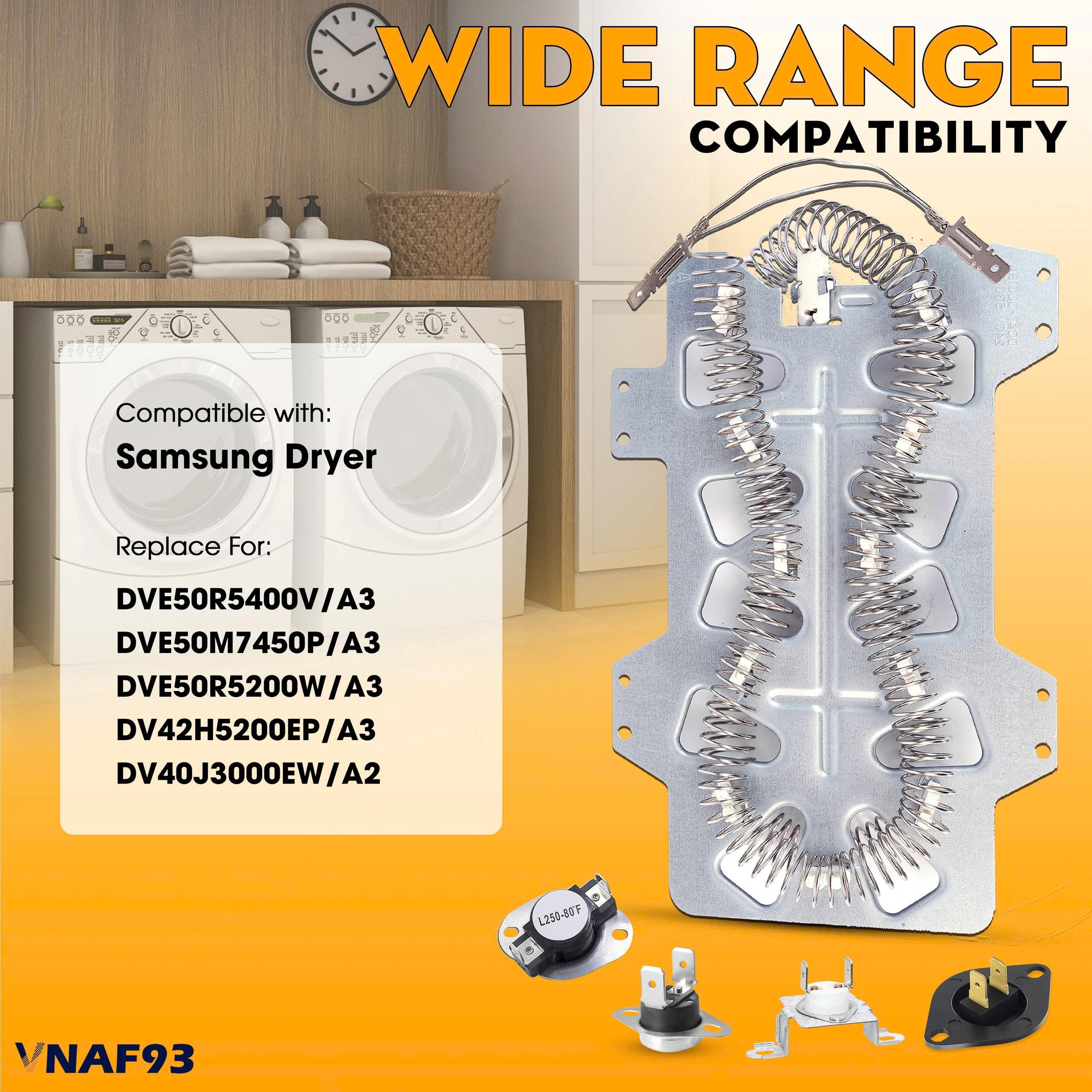VNAF93 Dryer Heating Element for Samsung Dryer - DVE50R5400V/A3 DVE50M7450P/A3 DVE50R5200W/A3 DV42H5200EP/A3 DV40J3000EW/A2 Dryer Parts