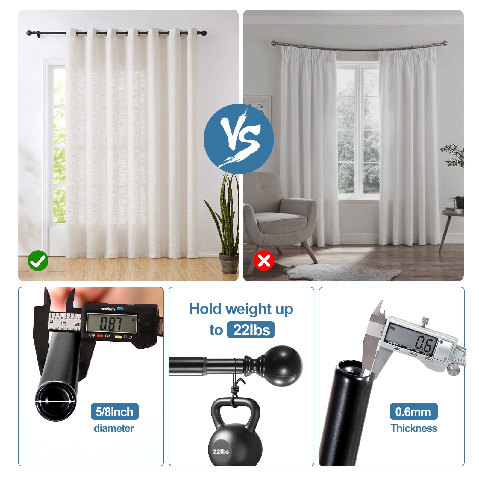 Urbanest Adjustable Double Curtain Rod Set Metal with Decorative Ball Finials, Heavy-Duty, 48"-84", Matte Black