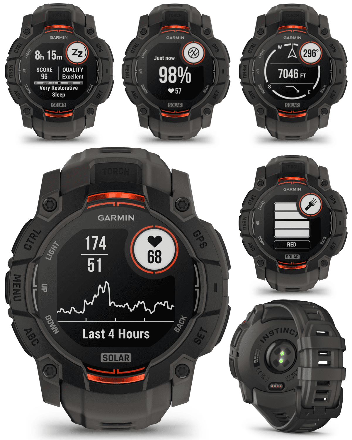 Garmin Instinct 3 Solar 50 mm, Rugged Outdoor GPS Smartwatch, Built-in Flashlight, Up to 28 Days of Battery Life, Black with Charcoal Band with Wearable4U Bundle